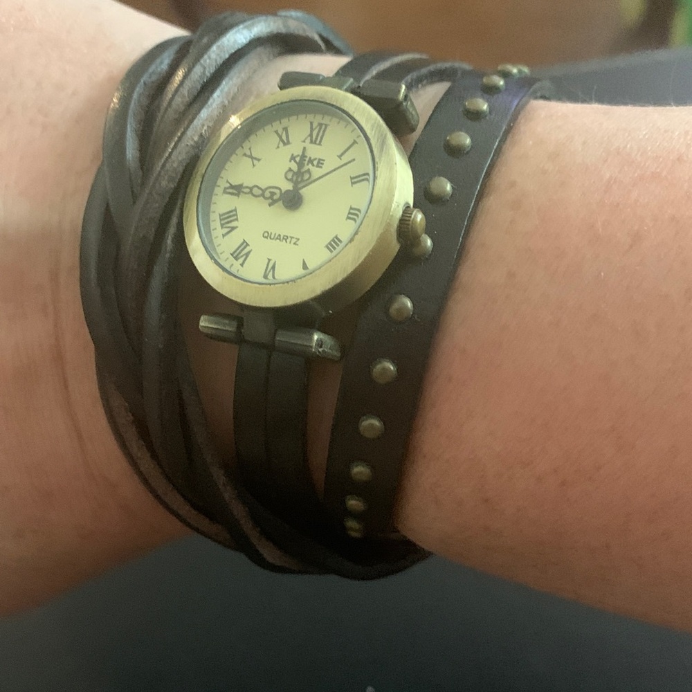 🔋included - Black Leather Wrap Watch with Studs